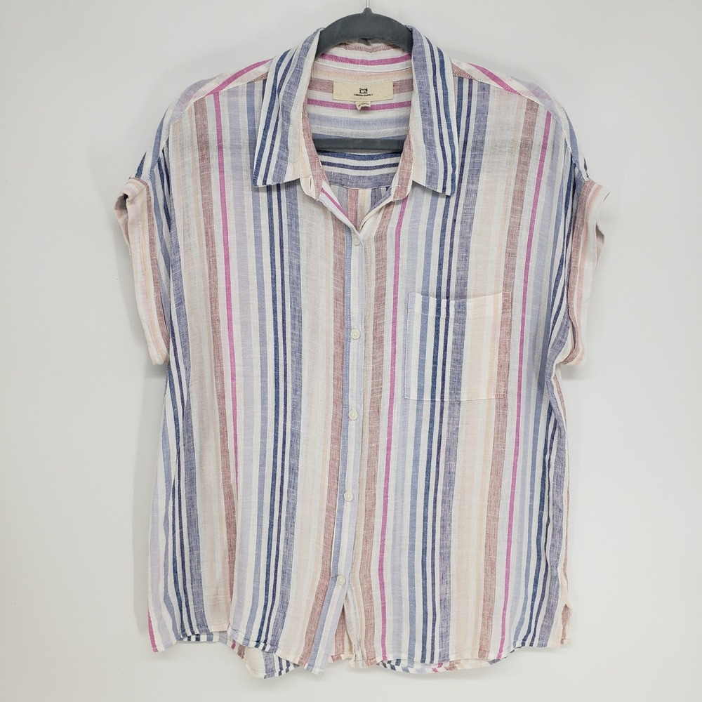 Thread + Supply Striped Button Down Shirt Women L Pastel Blue Pink Linen Blend
